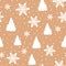 New Year seamless pattern. Repeated silhouettes of trees and round snowflakes.