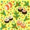 New Year seamless pattern. Sushi, rolls and branches of the Christmas tree, decorated with bright balls. Suitable for packing