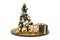 New Year Shopping Concept. Golden Balls in Shape of Christmas Tree, Gold New Year 2022 Sign and Gift Boxes. 3d Rendering