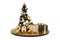 New Year Shopping Concept. Golden Balls in Shape of Christmas Tree, Gold New Year 2023 Sign and Gift Boxes. 3d Rendering