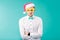 New Year theme Christmas winter holidays office company employees. portrait Caucasian male business funny Santa Claus hat glasses