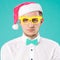 New Year theme Christmas winter holidays office company employees. portrait Caucasian male business funny Santa Claus hat glasses