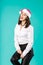 New Year theme Christmas winter holidays office of company employees. portrait young caucasian woman businessman white shirt in