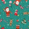 New year theme seamless pattern. Santa claus, deer and new year gift green background