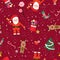 New year theme seamless pattern. Santa claus, deer and new year gift red background pattern