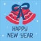 New Year traditional pink bells with classic blue ribbon in scandinavian hand drawn style with lettering. Vector