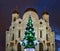 New Year tree in front of Cathedral of Christ the Saviour. Moscow Russia. Morning blue hour shot