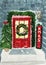 New Year  watercolor card.  Christmas card. The door is decorated with a Christmas wreath, Christmas trees. New snow-cover