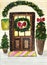 New Year  watercolor card.  Christmas card. The door is decorated with a Christmas wreath, Christmas trees. New snow-cover