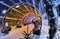 New year and Xmas street decoration in night illuminated Moscow, LED light tunnel