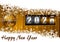 New years 2020 background, illustration, greeting card with golden christmas ball, counter and snowflakes with empty copy space