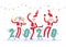 New Years corporate party 2020. Happy drunk people and funny figures dancing and fooling around at celebration. Vector flat