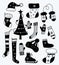 New Years decor, Christmas tree, skates, knitted socks, mittens and hat, Santa hat and Christmas stocking. Vector hand