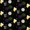 New years eve pattern with balloons and fireworks on black background