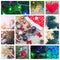 New Years festive collage with a garland, Christmas toys, Christmas tree lights