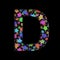 New Years font. The letter D cut out of black paper on the background of bright colored stars of different sizes. Set of New Year