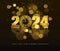 New Years holiday banner. New Year countdown clock with gold numbers 2024 with effect bokeh and reflection. Abstract holiday