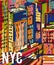 New York. Abstract colorful hand drawn night city landscape.