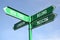 New York, Beijing, London, Moscow - green signpost with for arrows