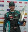 New York City E-Prix Formula E Race 11 winner Sam Bird GBR of Jaguar Racing celebrates victory during trophy presentation