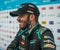 New York City E-Prix Formula E Race 11 winner Sam Bird GBR of Jaguar Racing celebrates victory during trophy presentation