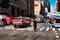 New York City Fire Truck Riding Through Crowd in the 8th avenue , Manhattan , New York City . NY 08/04/2018