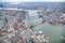 New York City from helicopter point of view. Brooklyn, Manhattan and  Williamsburg Bridges with Manhattan skyscrapers on a cloudy