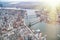 New York City from helicopter point of view. Brooklyn, Manhattan and  Williamsburg Bridges with Manhattan skyscrapers on a cloudy