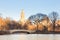 New York City Manhattan Central Park panorama of The lake with Bow bridge.