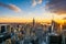 New York City Manhattan skyline at sunset, view from Top of the Rock, Rockfeller Center, United States