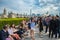 New York City - May 14, 2016: People chilling on rooftop party with Manhattan and Central Park view of the Metropolitan Museum of