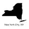 New York City on New York State Map. Detailed NY State Map with Location Pin on NYC City. Black silhouette vector maps isolated on