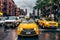 NEW YORK CITY - October 26th, 2009: The New York City Taxi and cars in street traffic in Manhattan New York City. Rain in New York