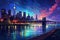 New York City skyline at night with skyscrapers. Vector illustration, Nocturnal urban landscape with river and skyscrapers. A