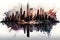 New York city skyline painting. silhouette of skyscrappers. With usa flag on the background