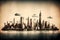 New York city skyline painting. silhouette of skyscrappers. With usa flag on the background