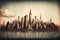 New York city skyline painting. silhouette of skyscrappers. With usa flag on the background
