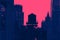 New York City skyline with silhouette of water tower in Manhattan in pink and blue