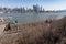 New York City Skyline view from the Weehawken New Jersey Riverfront with Townhouses along the Hudson River