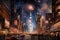 New York City street scene at night. a jubilant throng and New Years Eve fireworks, AI Generated