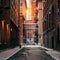New York City street at sunset time. Old scenic street in TriBeCa district in Manhattan.