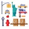 New York city symbols set. Vector travel isolated illustration. Yellow taxi, Statue of Liberty, Brooklyn Bridge icons.