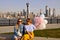 New York city urban women enjoying view of downtown Manhattan skyline, summer travel in USA