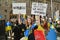 NEW YORK CITY, USA - 23 APRIL 2022: Ukrainian citizens protests on Wall Street against the war after Russia started the invasion o