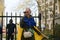 NEW YORK CITY, USA - 23 APRIL 2022: Ukrainian citizens protests on Wall Street against the war after Russia started the invasion o