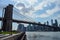 New York City, USA - June10, 2017: View of Brooklyn bridge an manhattan skyline from DUMBO district with people enjoing in a