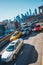 New York City, USA - March 19, 2017 : Afternoon rush hour traffic on the Brooklyn Bridge vehicle road