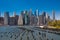 New York city view of lower manhattan financial district from across east river with wood pilings