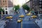New York City yellow taxi cabs and pedestrians at an intersection