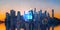 New York cityscape at sunset, cybersecurity hologram and business data privacy